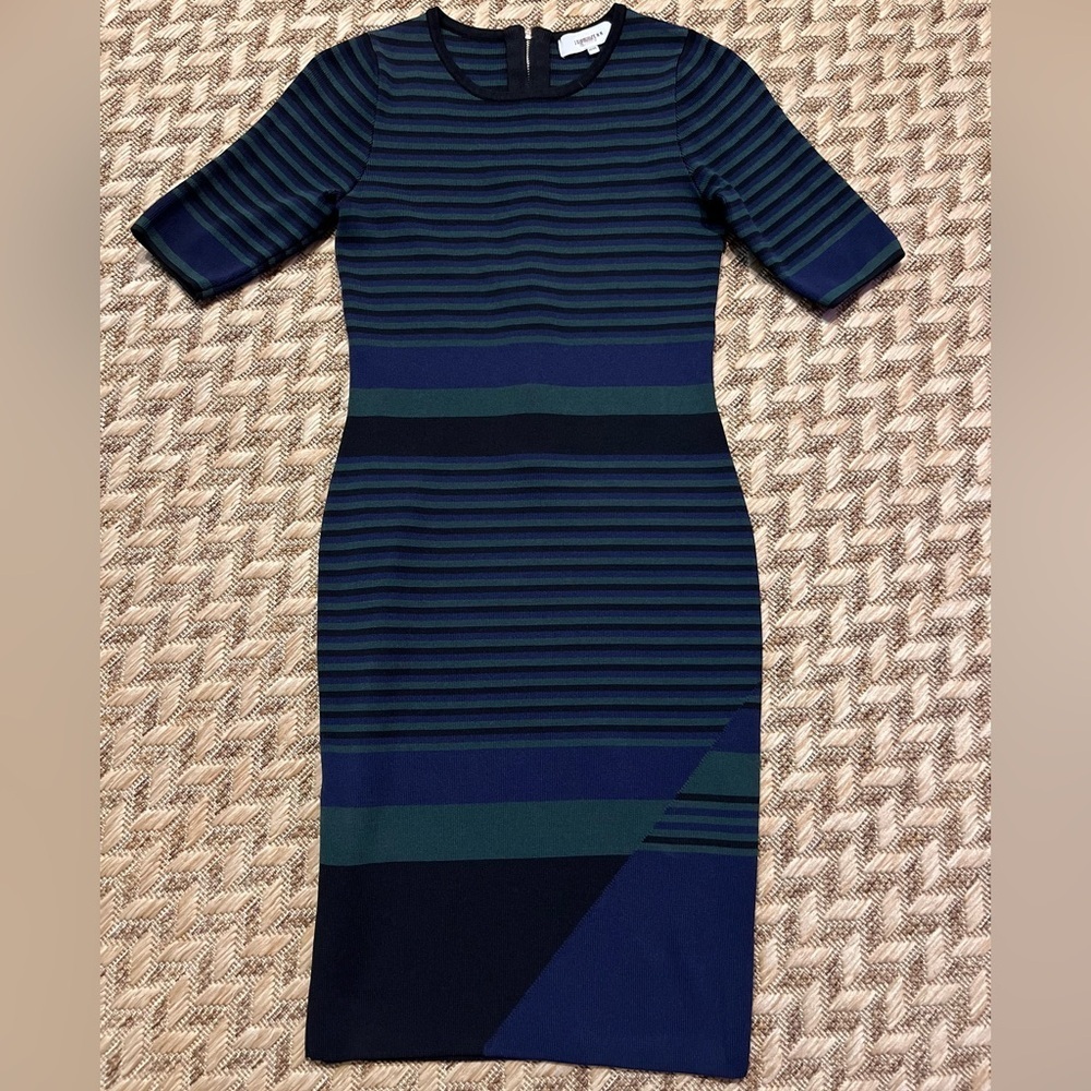 John + Jenn Knit Dress - Women's Medium Green Black Navy EUC - Striped Office
